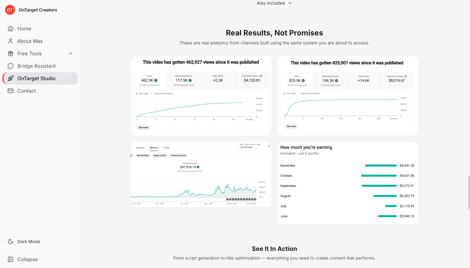 Anonymized YouTube Analytics screenshots: a 462,927-view video earning $4,120 in estimated revenue with +2.3K subs and 117.5K watch hours; an 825,901-view video earning $8,074 with +14.6K subs and 146.3K watch hours; a 365-day revenue chart totalling $47,916; and monthly revenue bars showing $5,049 (Jun) to $9,631 (Oct).