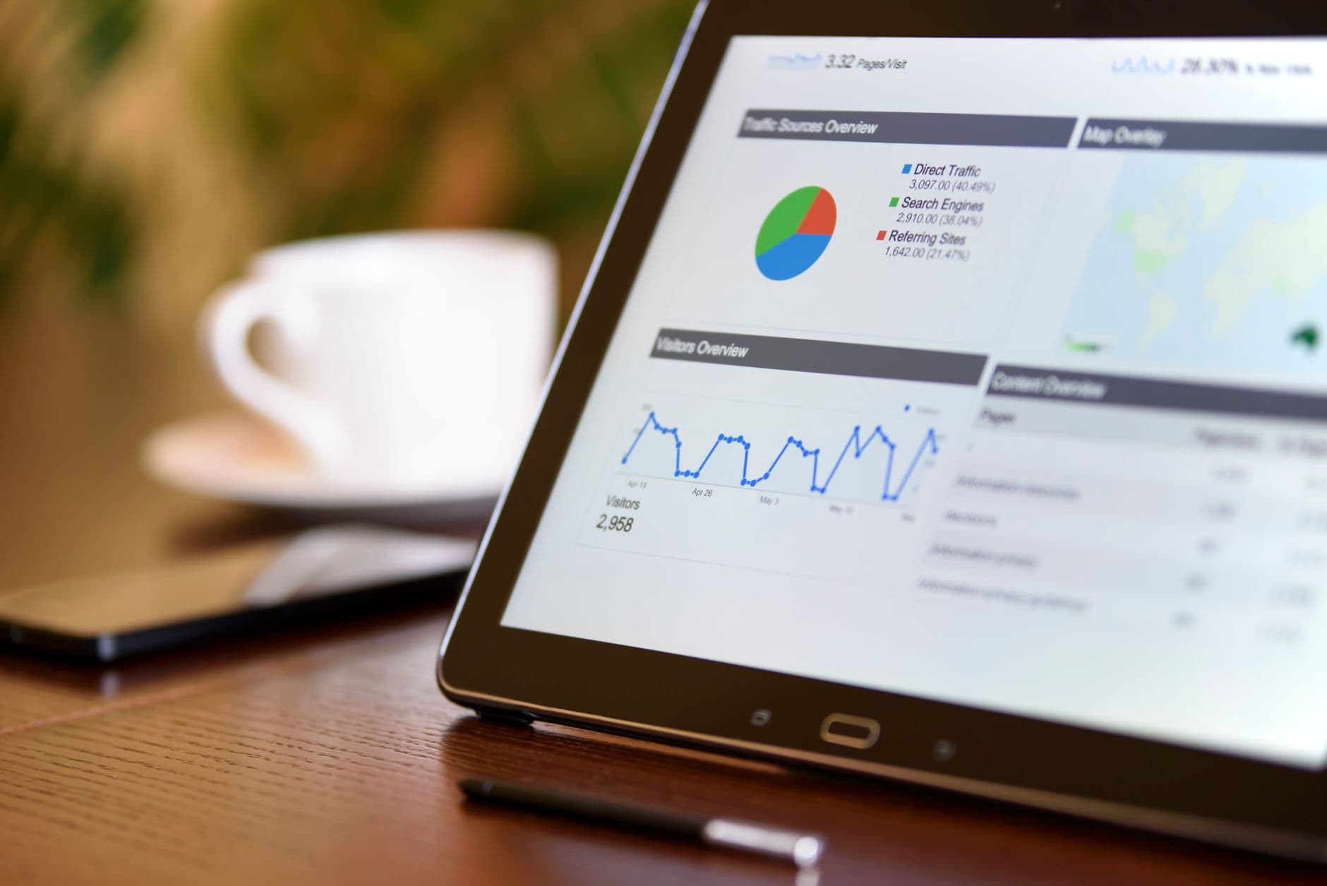 Tablet displaying YouTube analytics dashboard with traffic sources and visitor overview graphs.