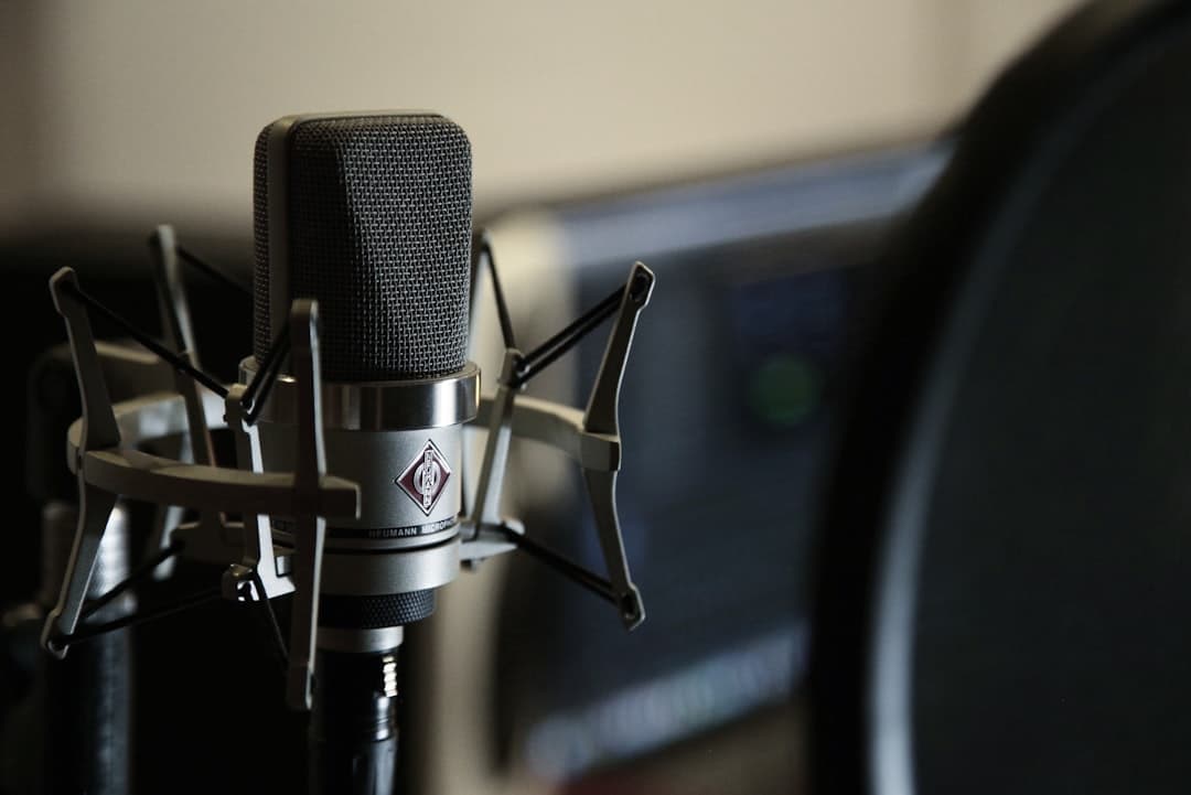 Close-up of a studio microphone on a shock mount, suggesting a faceless YouTube creator's audio setup.