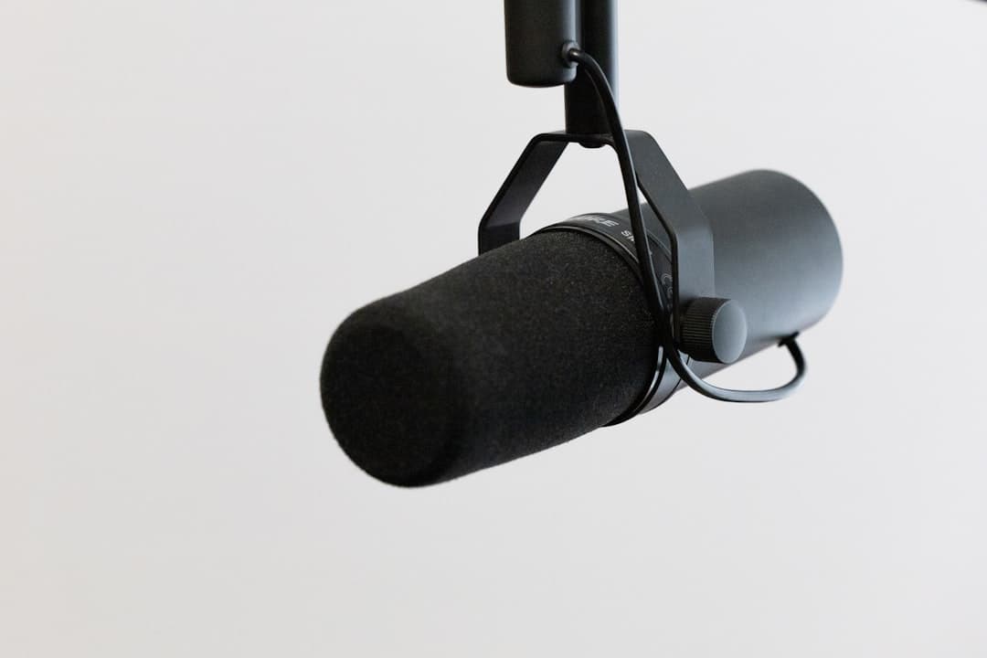 Professional microphone setup for faceless YouTube content creation and audio recording.