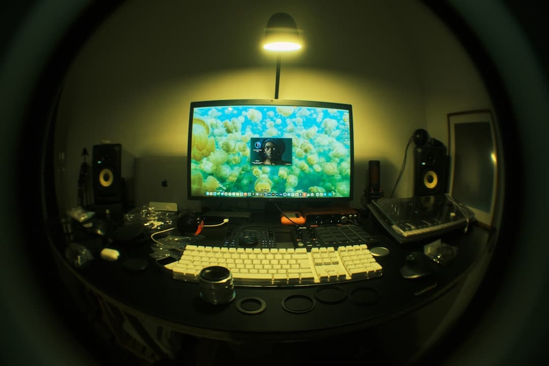 Computer setup with multiple monitors displaying content, keyboard, and audio equipment for faceless YouTube channel production.