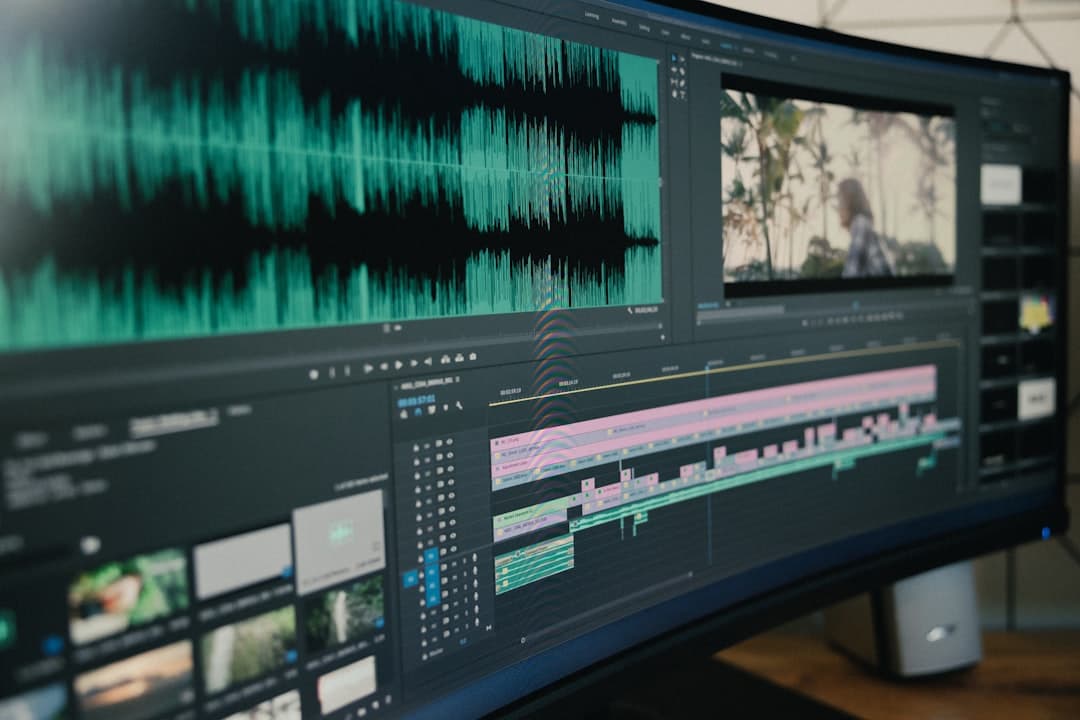 Close-up of a video editing timeline on a computer monitor, showing audio waveforms and video clips for content creation.