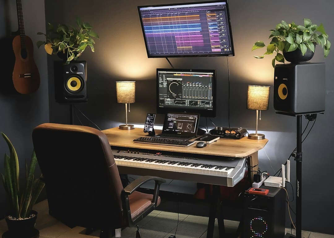 Faceless YouTube creator's studio setup with digital audio workstation on monitor.