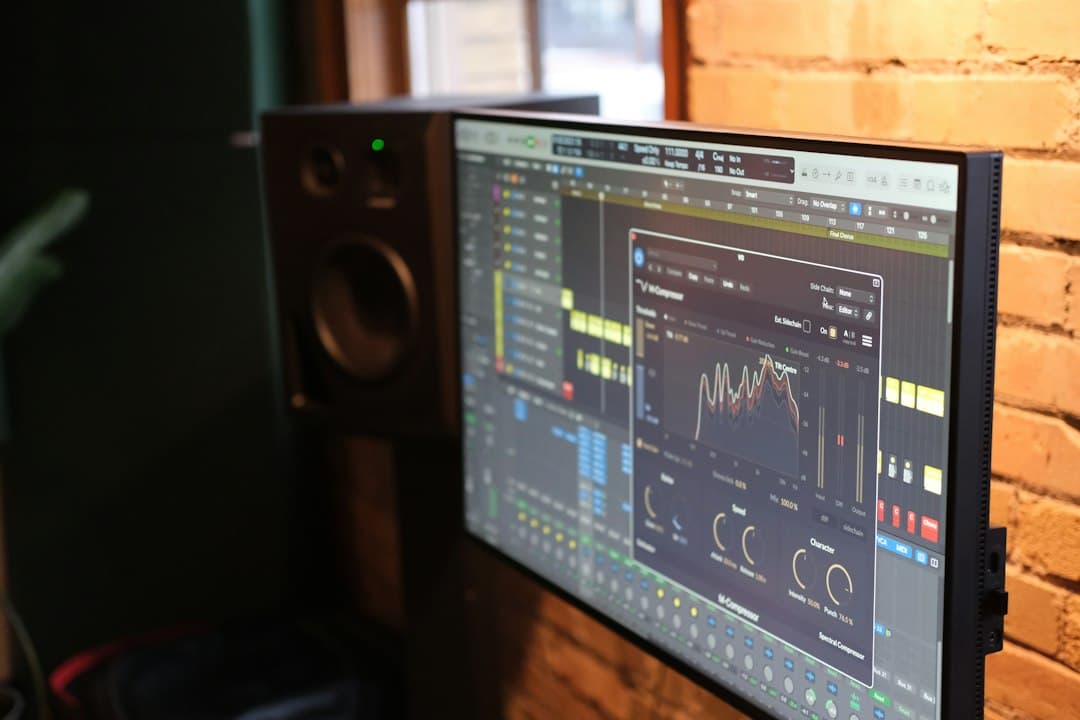 Faceless YouTube creator's audio editing software on a monitor with studio monitors.