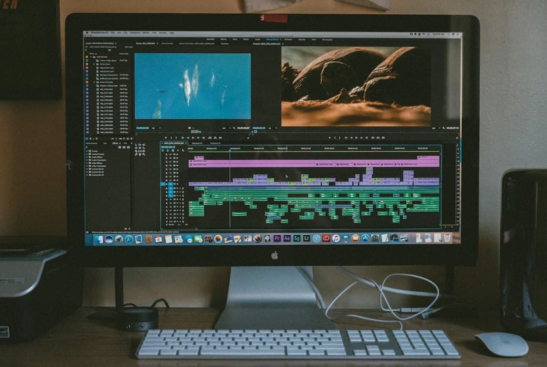 Video editing timeline on a computer monitor, showing footage and audio tracks for content creation.
